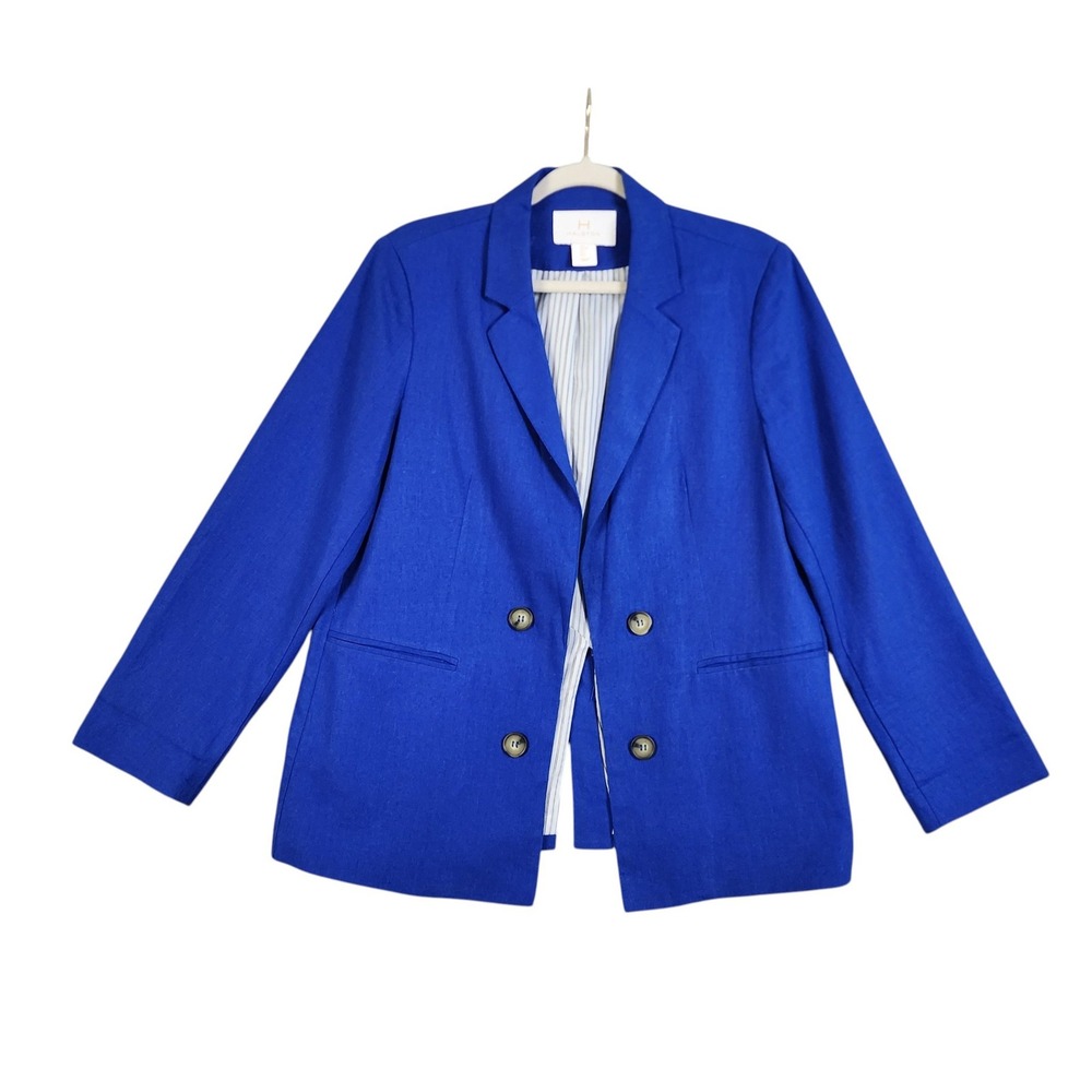 Halston Womens Linen Blend Open Front Blazer Jacket Size Large Blue Career‎ Work